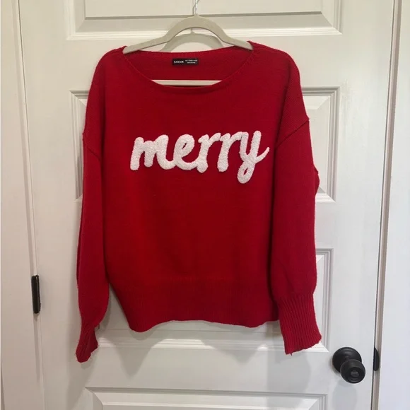 SHEIN Red 'Merry' Crew Neck Sweater - Picture 1 of 4